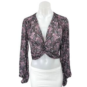 Zara Multicolor Floral Metallic V-neck Balloon Long Sleeve Crop Blouse Top Sz XS